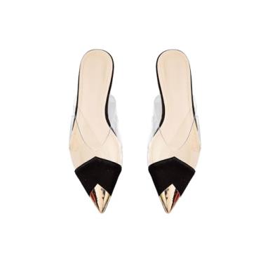 Imagem de OYOANGLE Sapatilhas femininas metálicas, transparentes, de PVC, bico fino, sem cadarço, casual, para uso ao ar livre, Preto, 35