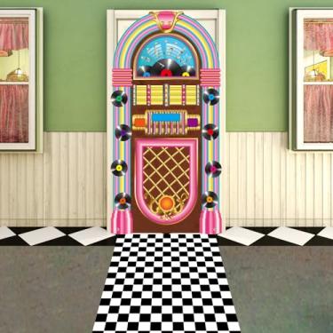 Imagem de Justforjoyful 2PCS Jukebox Door Cover 50s Party Decoration Back to 50’s Hanging Banner Backdrop Black White Checkered Runner Rug 1950s Party Porch Sign Background for Baby Shower Birthday Party Supply