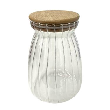 Imagem de Pote Hermético Com Frisos Tampa De Bambu Recipiente Vidro 1L