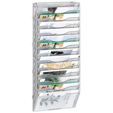 Imagem de EasyPAG Organizador de arquivos de parede para escritório, 14 bolsos, organizador de papel montado na parede, suporte de pasta suspensa com etiqueta de identificação para escola em casa, prata