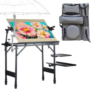 Imagem de CWPW Cavalete De Artista, Suporte De Metal, Dobrável, Portátil, Ergonômico, Ajustável, Para Pintura De Telas, Altura De 16" A 30", Equipado Com Bolsa De Transporte E Suporte De Guarda-Chuva Para Pin