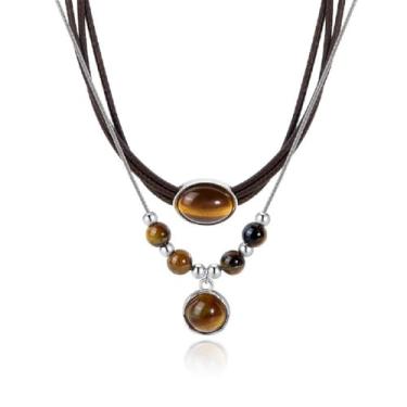 Imagem de Kysin Chiys Colar de 2 peças de cristais em camadas de ametista natural olho de tigre proteção bênção da sorte contas de chacra pingente de pedra para mulheres e homens, ajustável, Zinco, Sem Pedra