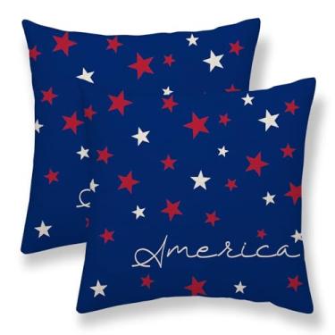 Imagem de Conjunto de 2 capas de almofada de 4 x 61 cm, fundo azul patriótico, estrelas vermelhas e brancas americanas, almofadas decorativas de linho para o dia da independência para cama, sofá, decoração de