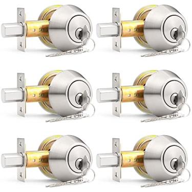 Imagem de Probrico Fechadura cilíndrica dupla de níquel acetinado com 2 lados (ambos) chave, fechadura de porta redonda moderna contemporânea para interior e exterior, chaves diferentes, pacote com 6