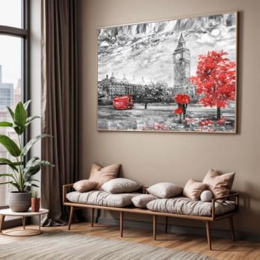 Imagem de Quadro com Moldura Sala Quarto 90x60 Londres Arte Preto Branco Vermelho Decorativo Horizontal Grande Hall