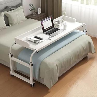 Imagem de Mesa extensível com rodas, estação de trabalho móvel ajustável em altura e comprimento, mesa de hospital na cama para cama de solteiro/casal/queen/king size