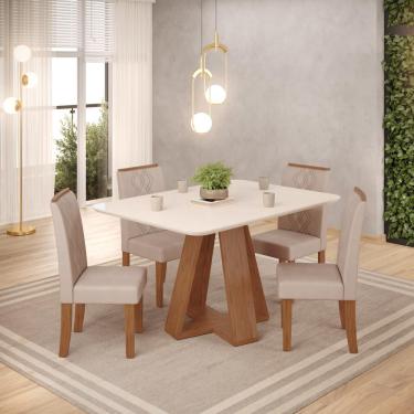 Imagem de Conjunto Sala de Jantar 120x90 cm 4 Cadeiras Tampo de Vidro dj Móveis Kiara Freijó Ayla Creme