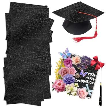 Imagem de Qumenan 24 folhas de cartolina preta com glitter em branco para graduação, topper de graduação brilhante para boné 22 x 23 cm, 250 g/m² para decorações de bonés de graduação DIY