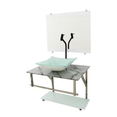 Imagem de Gabinete De Vidro 60Cm Iq Inox Cuba Quadrada Mármore Branco