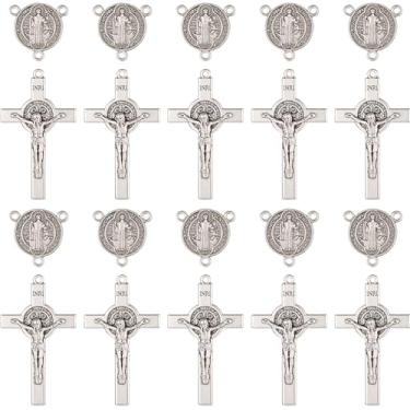 Imagem de LiHan1028 Conjunto de 30 peças de crucifixo e medalha do terço de São Bento, medalha de 5,3 cm e cruz de 13,5 cm, 15 conjuntos, Medium, Liga de aço, Strass