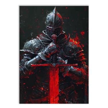 Imagem de Placa Decorativa Guerreio Medieval Espada Vermelha Decoração Poster Quarto Sala