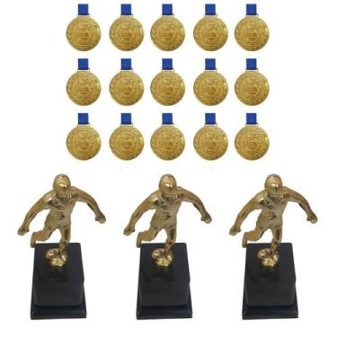 Imagem de Kit C/15 Medalhas M43 + 3 Troféus Jogador Artilheiro - Crespar, Ouro