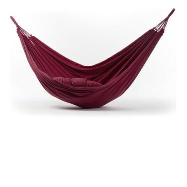 Imagem de Rede De Descanso Dormir Balanço Casal Jeans Reforçada Grande 3,8m x 1,5m - Ideal Para Camping, Hotel, Praia, Acampamento, Jardim, Varando, Sítio, Chácara, Apartamento, Viagem, Fazenda (Vermelho)