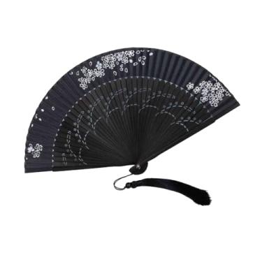 Imagem de Mini ventilador dobrável de mão, 8,2 pol (21 cm) feito à mão de seda de bambu chinês japonês vintage estilo retrô com bolsas de seda para festa de festival de música de dança (preto)