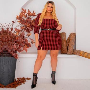 Imagem de Vestido Xadrez Adulto Plus Size Curto Manga 3/4 Meia Estação Inverno M