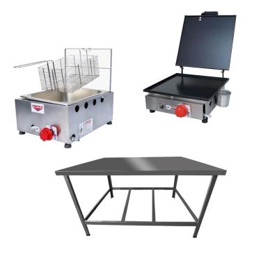 Imagem de Kit Lanchonete Mesa De Manipulação 100x55cm + Fritadeira A Gás 1 Cuba + Chapa A Gás 30cm Alcamar