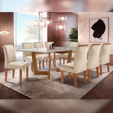 Imagem de Conjunto Sala De Jantar Nápoles Tampo Vidro/Mdf Com 8 Cadeiras Luísa Smart Plus Cel Móveis Cinamomo/Off White/Bege