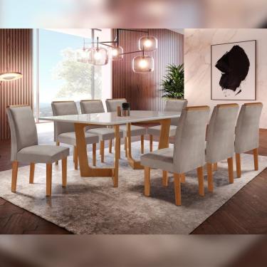 Imagem de Conjunto Sala De Jantar Nápoles Tampo Vidro/Mdf Com 8 Cadeiras Luísa Smart Plus Cel Móveis Cinamomo/Off White/Marrom
