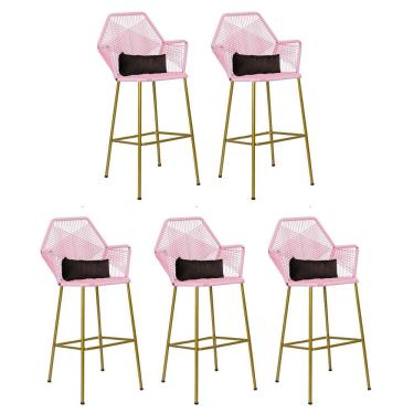 Imagem de Kit 05 Banqueta Alta Com Encosto Sttar Balcão Ferro Dourado Fibra Rosa Bebê Almofada Suede Marrom