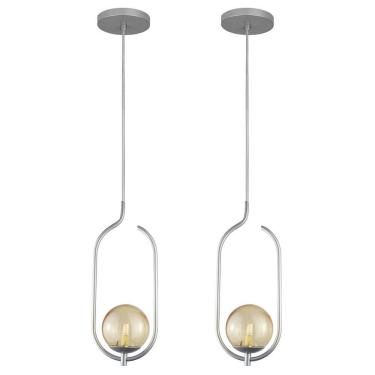 Imagem de Kit 2 Pendentes Lustres On Clip Prata Globo De Vidro Ambar