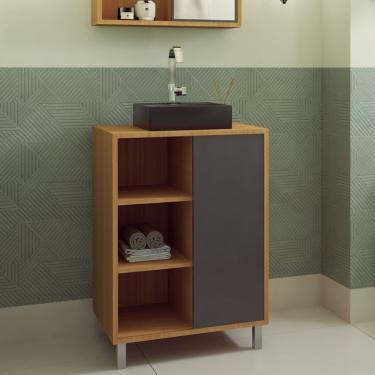 Imagem de Gabinete De Banheiro 60cm Julia Com 1 Porta De Correr E Cuba Preta Mel-grafite