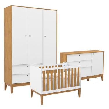 Imagem de Quarto De Bebe Unique 3 Portas Com Cômoda Sapateira Branco Soft Freijó Eco Wood - Matic