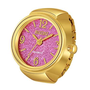 Imagem de JewelryWe Relógio de dedo masculino feminino banhado a ouro e prata anel elástico com mostrador redondo de glitter relógio de quartzo, para o dia dos namorados, Ouro rosa
