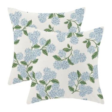 Imagem de Capas de travesseiro florais de hortênsia azul 50 x 50 cm vintage primavera flores conjunto de 2 fronhas vintage sazonal verão ao ar livre decoração de casa para sala de estar quarto almofada quadrada