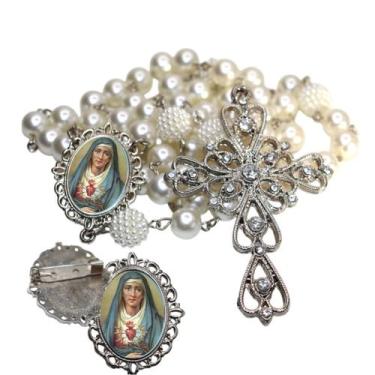 Imagem de Terço de Noiva de Luxo Arabesco com Broche de Lapela Nossa senhora das