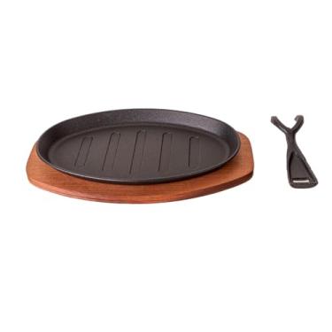 Imagem de Urban Tokyo Chapa De Ferro Fundido Para Bifes Com Base Madeira E Grelha Fajitas (Oval 25 Cm)