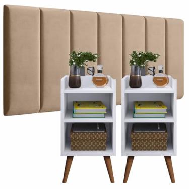 Imagem de Conjunto Quarto 2 Mesas de Cabeceira com Nicho e Prateleira Max + Cabeceira Modular Adesiva p/Cama Box 0,90 até 1,95m (Placas Bege/Kit Max Branco, Casal 1.40 (7 Placas))