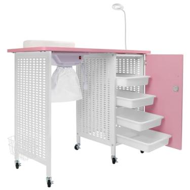 Imagem de Kalolary Mesa De Manicure, Estação Móvel Com Coletor Pó, 4 Gavetas, Lâmpadas Led, Apoio Pulso Para Técnico Doméstico, Spa, Trabalho Salão Beleza (Rosa + Branco)