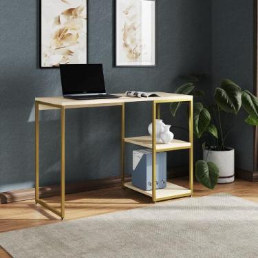 Imagem de Mesa Escritório Berlim Industrial com Prateleira Ferro Dourado Tampo 1
