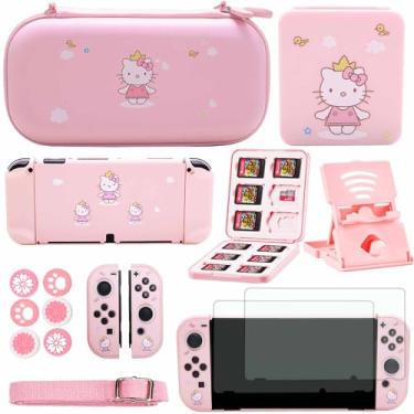 Imagem de YOOWA Pacote De Acessórios Para Nintendo Switch Oled - Kit Kawaii Ns Rosa Fofo Com Estojo Transporte Desenho Animado, Conjunto Protetor Tela Acoplável, Porta-Cartões, Suporte Meninas E Meninos