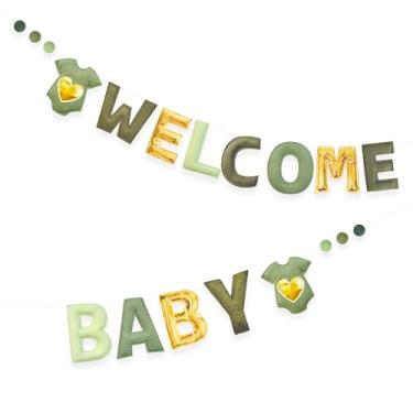 Imagem de Decoração de chá de bebê ouro verde sálvia pré-amarrado feito à mão feltro metálico dourado sinal de boas-vindas roupas de bebê bola de feltro de lã faixa para chá de bebê neutro festa berçário casa