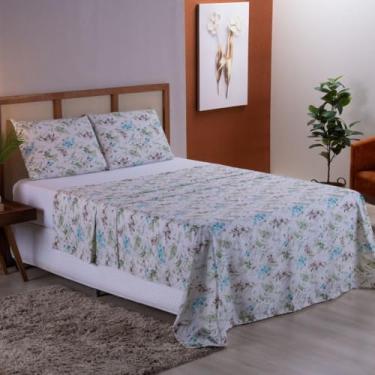 Imagem de KIT LENÇOL COMPLETO 4 PEÇAS CAMA CASAL QUEEN PERCAL 400 FIOS COM LENÇOL DE ELÁSTICO LISO 2M X 1,60M (Floral Verde)