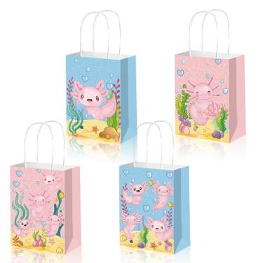 Imagem de 12 unidades de sacos de presente de aniversário Axolotl, saco de papel Kraft de mão hexagonal de dinossauro Axolotl, sacos de papel de presente com tema anfíbio, sacos de papel de embrulho de doces
