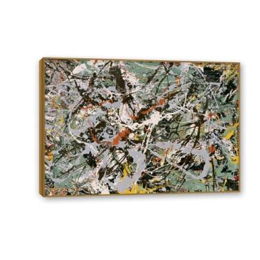 Imagem de Zeichn8u Jackson Pollok Giclee impressões em tela arte de parede verde prata reprodução de pinturas a óleo para decoração de casa imagens clássicas arte 70 x 50 cm (28 x 20 pol) moldura teca