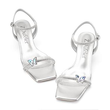 Imagem de Z.Oufeier Sandália feminina transparente com tira cristalina, salto grosso, bloco grosso, salto borboleta, tira no tornozelo, bico aberto, vestido de verão, Prata, 40