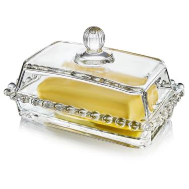 Imagem de QFkris Prato de Manteiga de Vidro Transparente de 6,5 '' com Tampa Manuseada, Protetor de Manteiga com Design Clássico de 2 Peças para Bancada, Seguro para Máquina de Lavar Louça