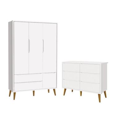 Imagem de Jogo de Quarto Infantil Theo Guarda Roupa 3 Portas e Cômoda 6 Gavetas com Pés Amadeirado - Reller Móveis Branco Fosco