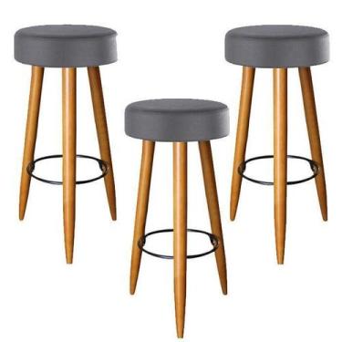 Imagem de Combo 03 Banqueta Suede Cinza Pés Palito Castanho 70 Cm - Decore.Com