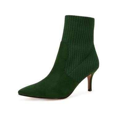 Imagem de Coutgo Botas femininas de cano curto, salto agulha gatinho de malha, camurça sintética, meia de inverno, Camurça verde-escuro, 38