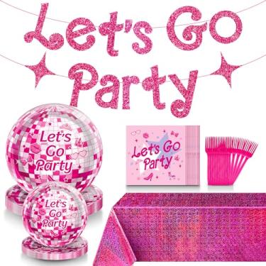 Imagem de M AMFEOV Lets Go Party Decorations - Conjunto De Talheres Princesa Rosa Inclui Faixa, Toalhas Mesa, Pratos E Guardanapos Para 24 Convidados