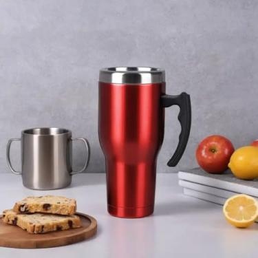 Imagem de Caneca Térmica Parede Dupla em Aço Inox Vermelha 850ml com Tampa Flip - Estilo Texturizado