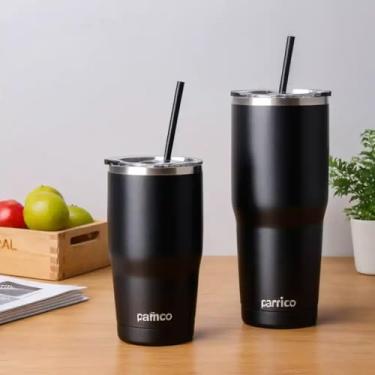 Imagem de Copo Térmico Parede Dupla em Aço Inox Preta 500ml com Canudo - Estilo Casual