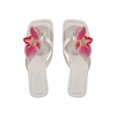 Imagem de BEAUDRM Sandálias femininas 3D com apliques florais rasteirinhas flor quadrada dedo aberto tanga verão praia sandálias, Branco, 38