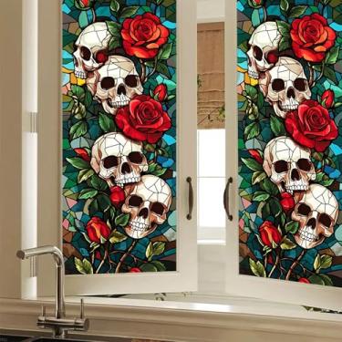 Imagem de HOMETITUTE Película de privacidade para janela de crânio gótico rosa adesivo decorativo para portas de vidro e janelas, adesivo de janela estática de PVC, 40,6 x 99 cm, decoração interna de escritório