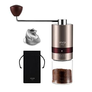 Imagem de VEVOK CHEF Moedor de café manual dourado de aço inoxidável com saco portátil, configuração ajustável externa, moedor de café de mão pequena, ultrafino, para café expresso em casa, café da manhã