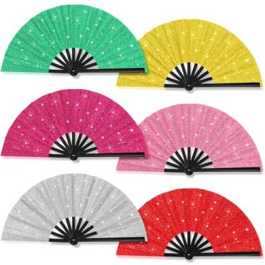 Imagem de Leinuosen 6 peças de leques dobráveis chineses grandes para dança em linha, 33 cm ventiladores de mão dobráveis para rave estourando botas no chão, decorações de lembrancinhas de festa de casamento de